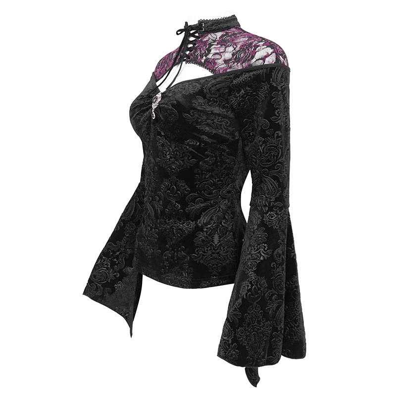 Gothic women's cutout flared sleeves top featuring elegant purple floral embossing and a stylish design.