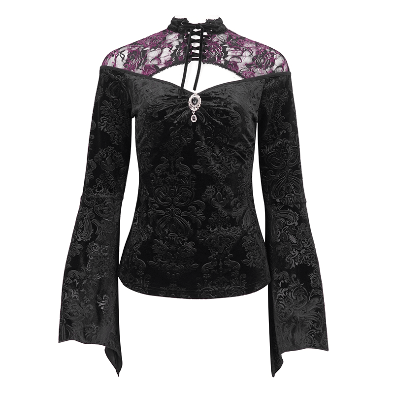Gothic Women's Cutout Flared Sleeves Top with Purple Floral Embossed - HARD'N'HEAVY