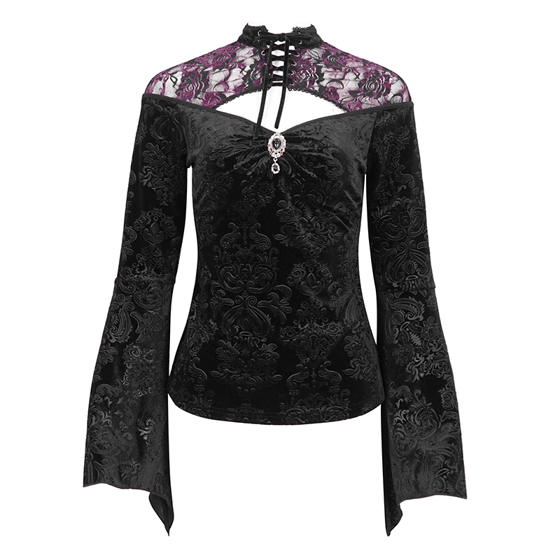 Gothic women's cutout flared sleeves top in black velvet with purple floral embossed design and lace accent.