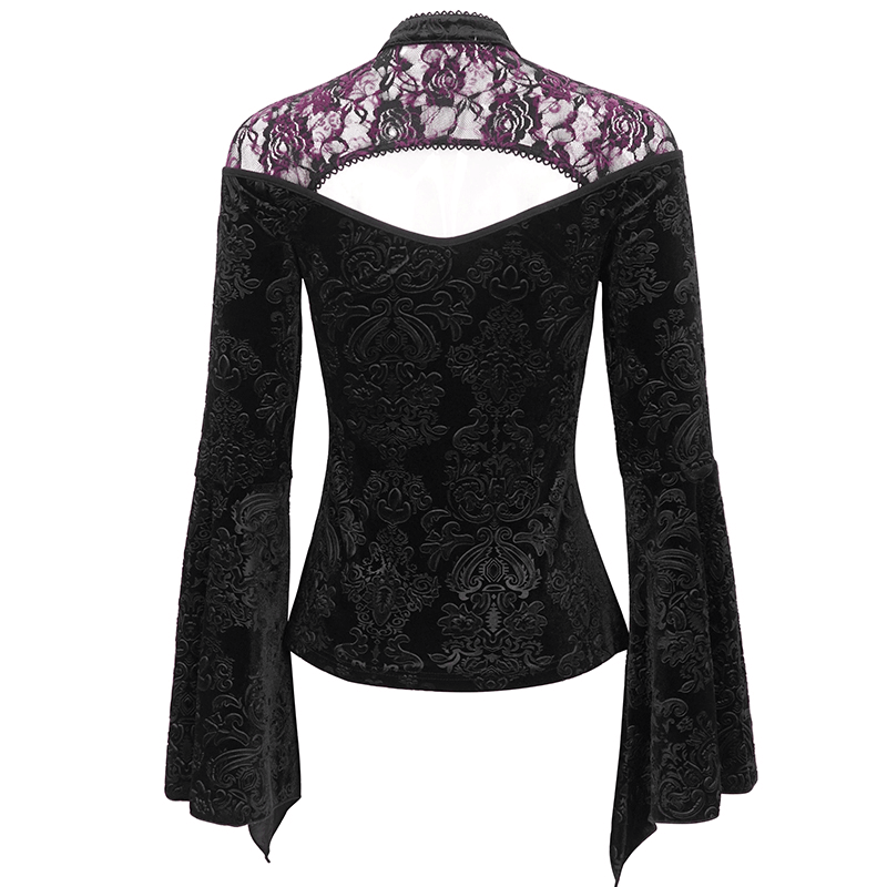 Gothic women's top with flared sleeves, featuring purple floral embossed design and elegant lace back detail.