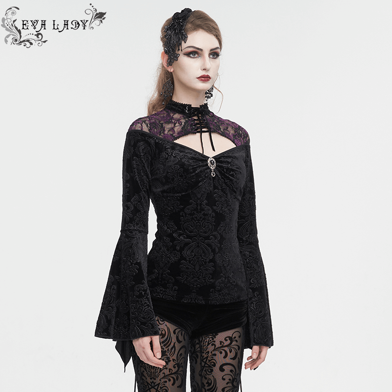 Gothic Women's Cutout Flared Sleeves Top with Purple Floral Embossed - HARD'N'HEAVY