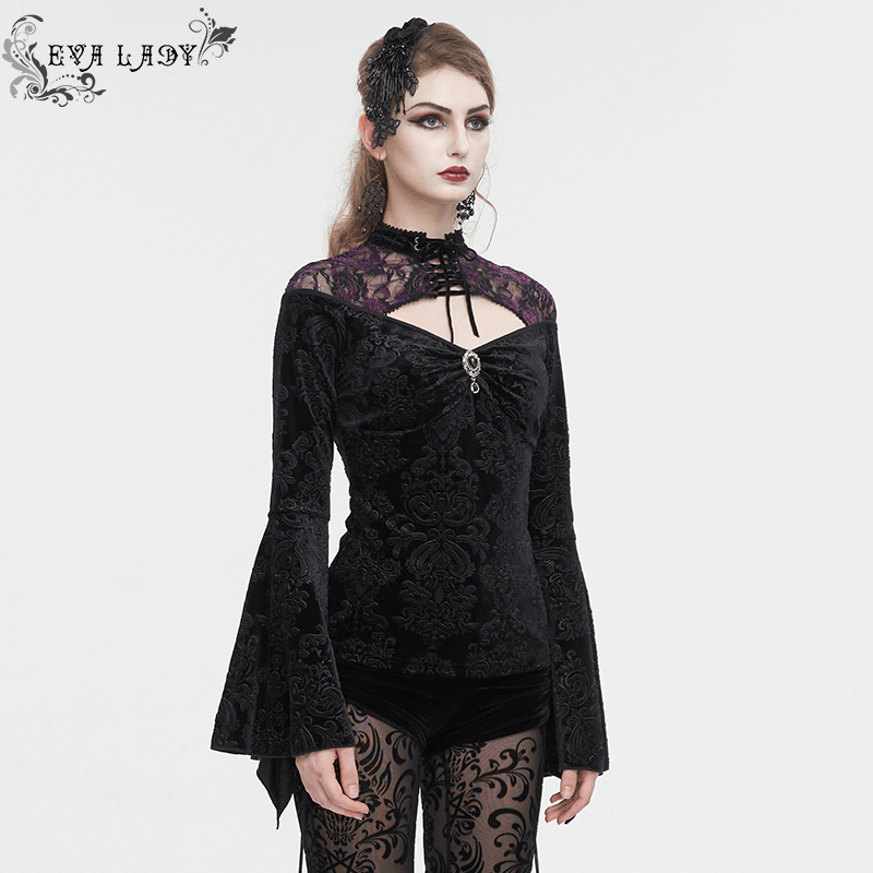 Gothic women's cutout flared sleeves top in black velvet with purple lace accents and floral embroidery.
