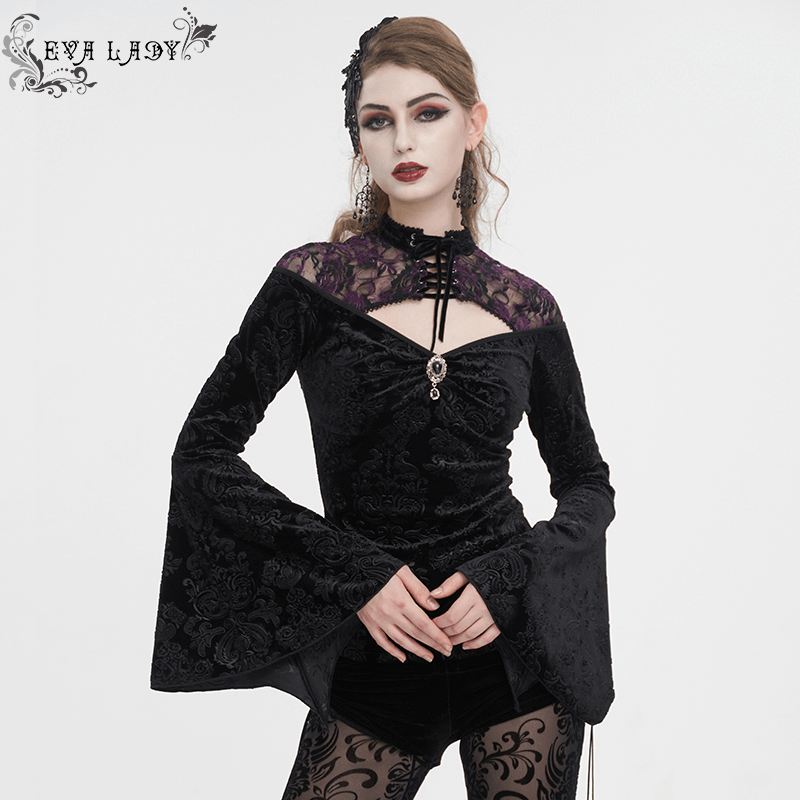Gothic women's black flared sleeves top with lace detailing, ideal for edgy, elegant fashion statements.