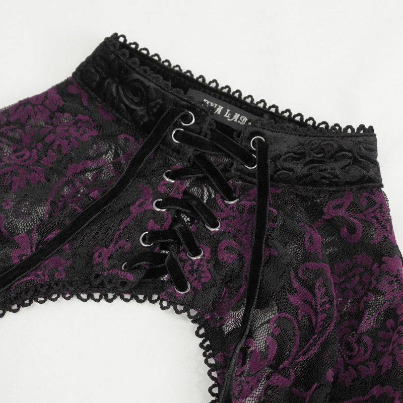 Gothic women's top featuring intricate purple floral embossing and stylish cutout flared sleeves.