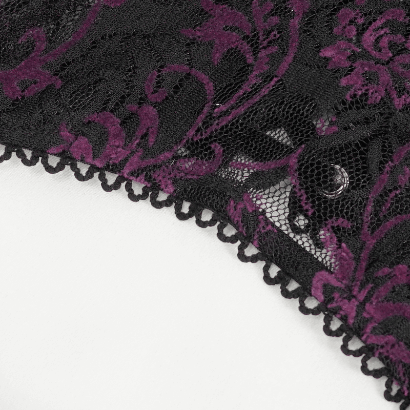 Gothic floral embossed lace with purple accents and detailed cutout design on black fabric.