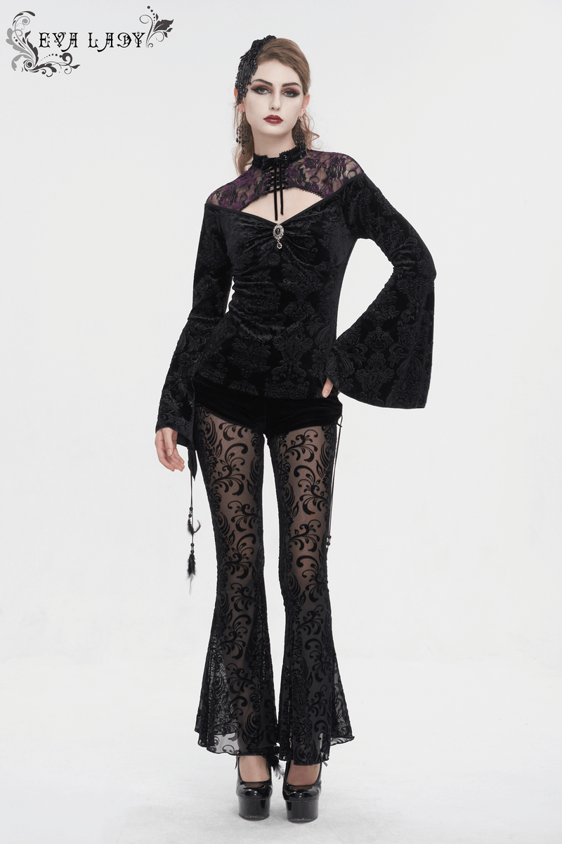Gothic women's black flared sleeves top with lace detailing and matching flared pants for a darkly romantic look.