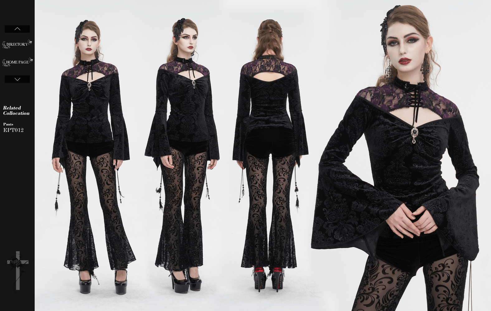 Gothic women's cutout flared sleeves top with purple floral embossing, perfect for an edgy yet elegant look.