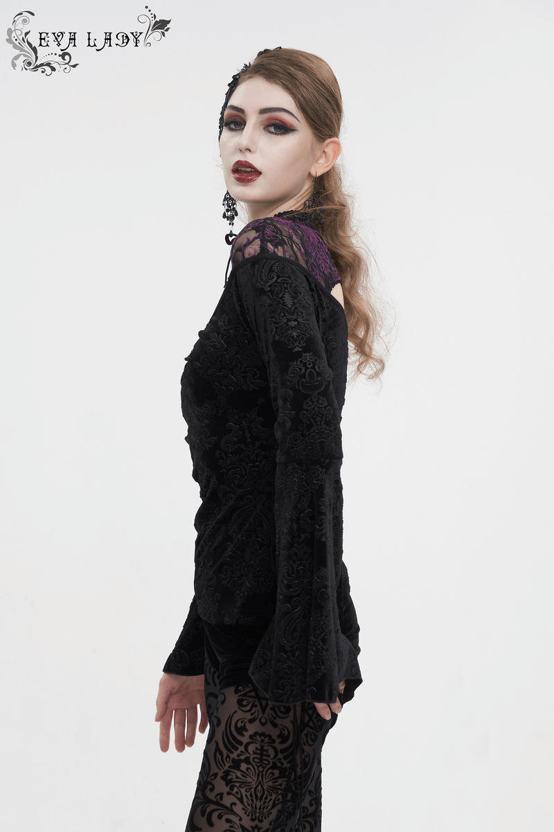 Gothic women's cutout flared sleeves top with purple floral embossing, stylish and elegant for a darkly romantic look.