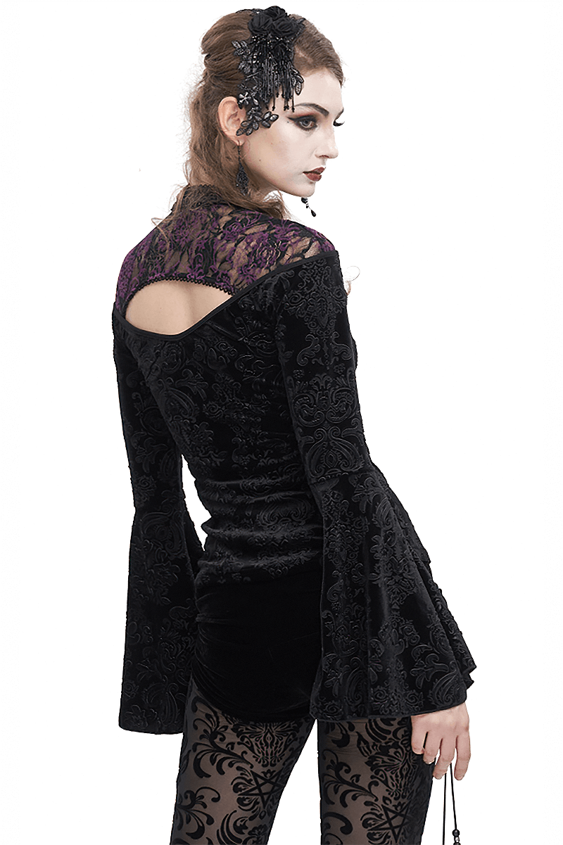 Gothic women's cutout flared sleeves top with purple floral embossing and stylish back design.