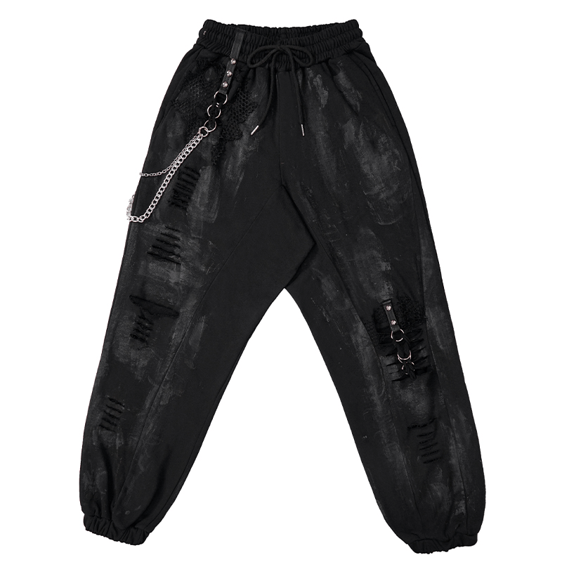 Trendy black gothic cargo pants with elastic waist, chains, rivets, and a loose fit perfect for alternative fashion.