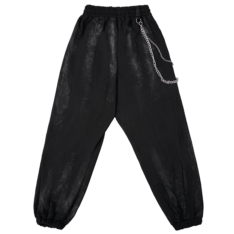 Gothic women's black elastic waist cargo pants with chains, rivets, and a loose cut for a trendy look.