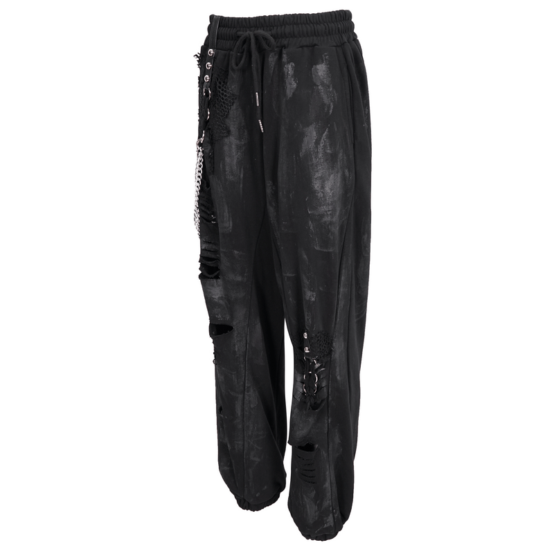 Gothic women's black elastic waist cargo pants with chains and rivets, featuring a trendy loose cut and edgy design.