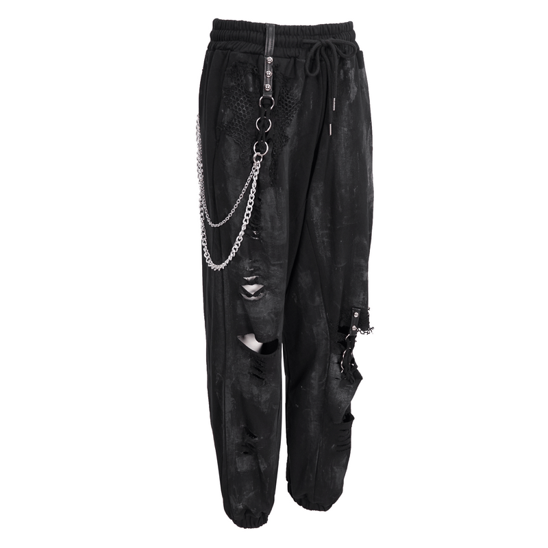 Gothic women's black cargo pants with elastic waist, chains, and rivets, featuring a loose fit and stylish rips.