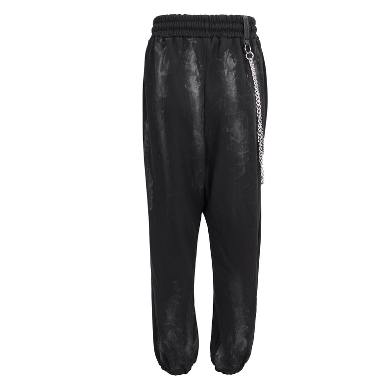 Gothic black cargo pants for women with elastic waist, loose fit, chain detail, and rivets for trendy style.