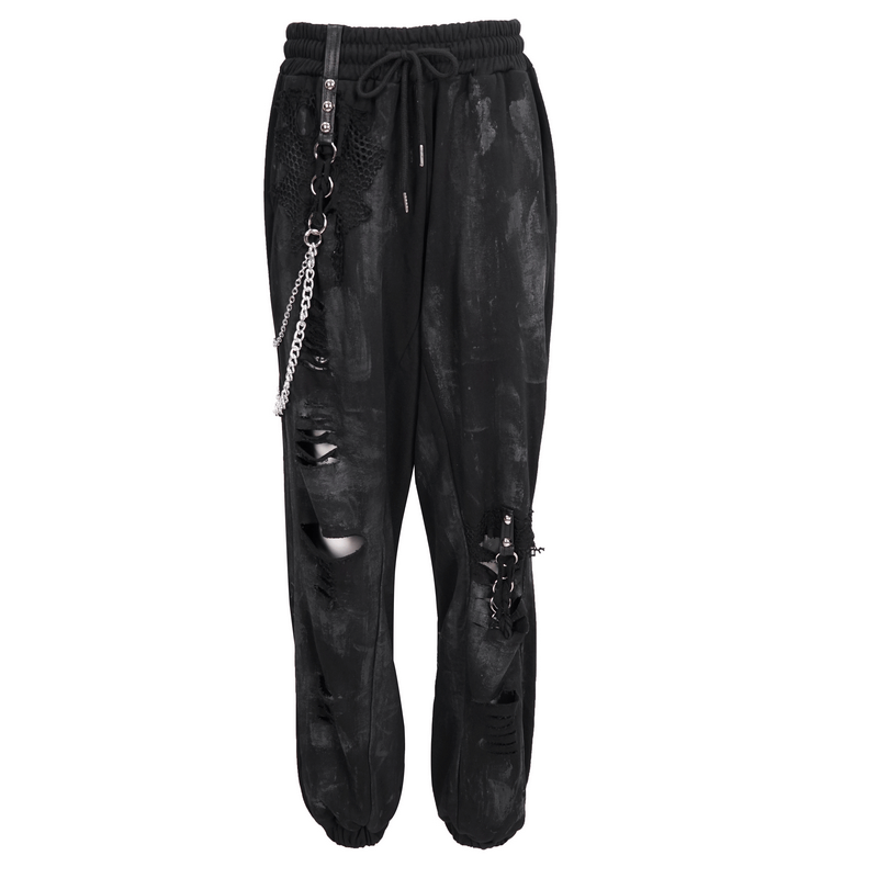 Gothic women's black cargo pants with elastic waist, chains, and rivets for a trendy street style look.