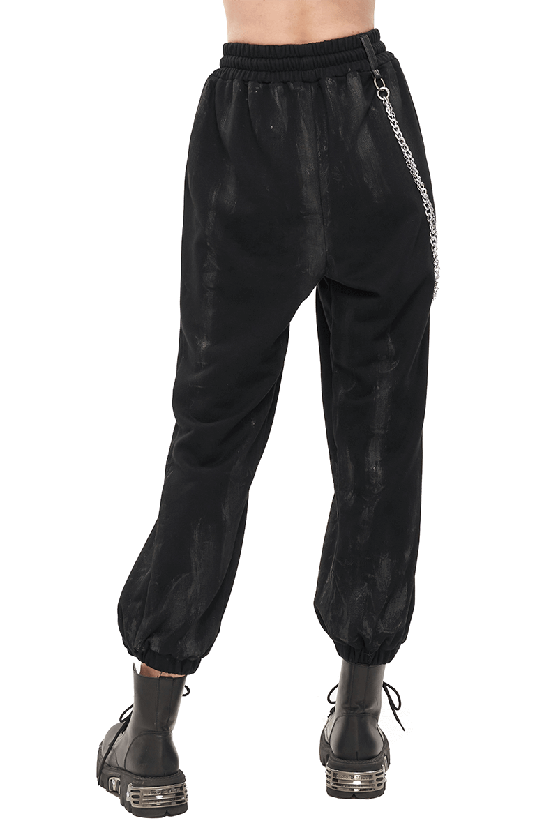 Gothic Women's Elastic Waist Black Cargo Pants / Loose Long Pants With Chain, Rivets and Loops - HARD'N'HEAVY