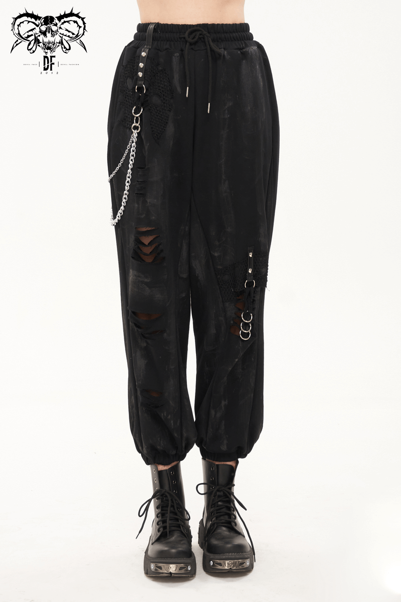 Gothic Women's Elastic Waist Black Cargo Pants / Loose Long Pants With Chain, Rivets and Loops - HARD'N'HEAVY