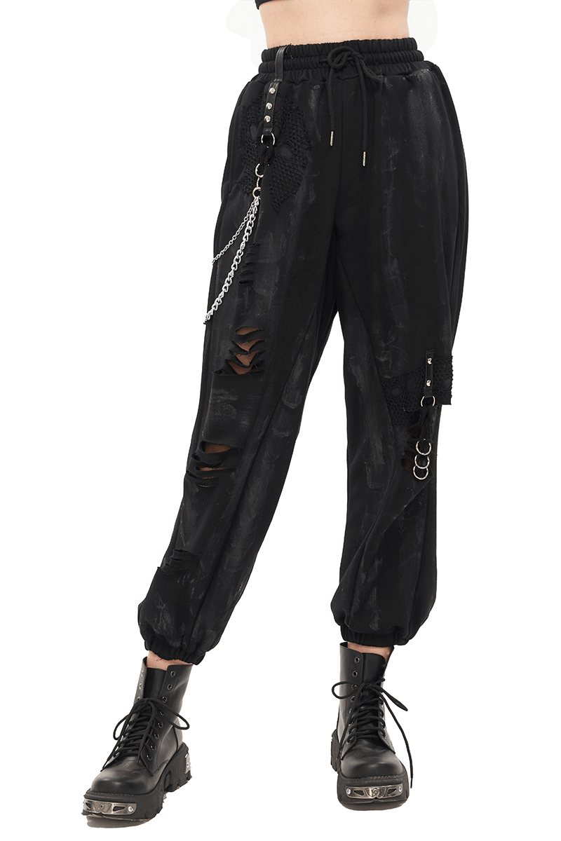 Gothic Women's Elastic Waist Black Cargo Pants / Loose Long Pants With Chain, Rivets and Loops - HARD'N'HEAVY