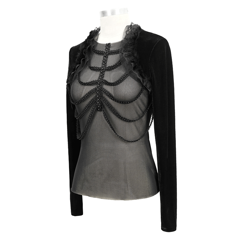 Gothic Women's Embroidery Beaded Top with Fake Shawl / Gorgeous Black Transparent Long Sleeve Tops - HARD'N'HEAVY