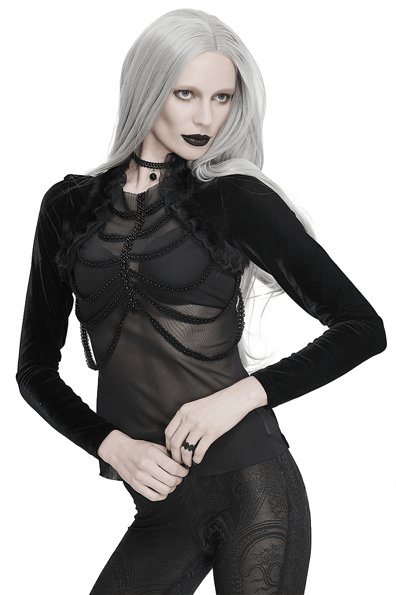 Gothic Women's Embroidery Beaded Top with Fake Shawl / Gorgeous Black Transparent Long Sleeve Tops - HARD'N'HEAVY