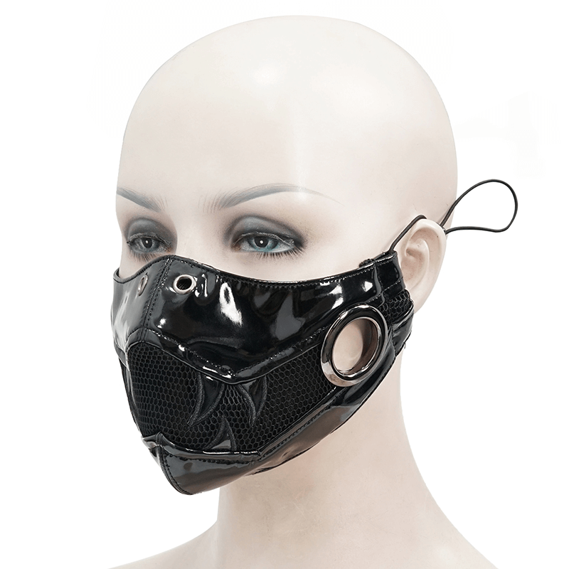 Gothic Women's Face Mask with Holographic Fang On Both Sides / Punk Black PU Leather and Net Mask - HARD'N'HEAVY