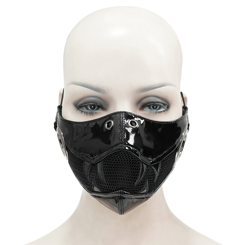 Gothic Women's Face Mask with Holographic Fang On Both Sides / Punk Black PU Leather and Net Mask - HARD'N'HEAVY