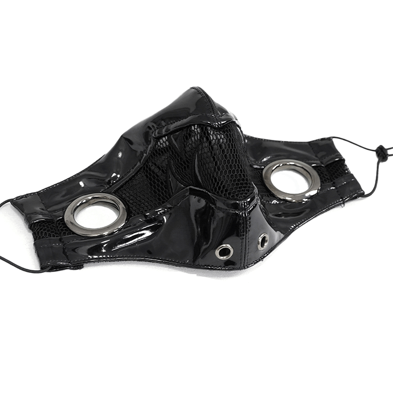 Gothic Women's Face Mask with Holographic Fang On Both Sides / Punk Black PU Leather and Net Mask - HARD'N'HEAVY