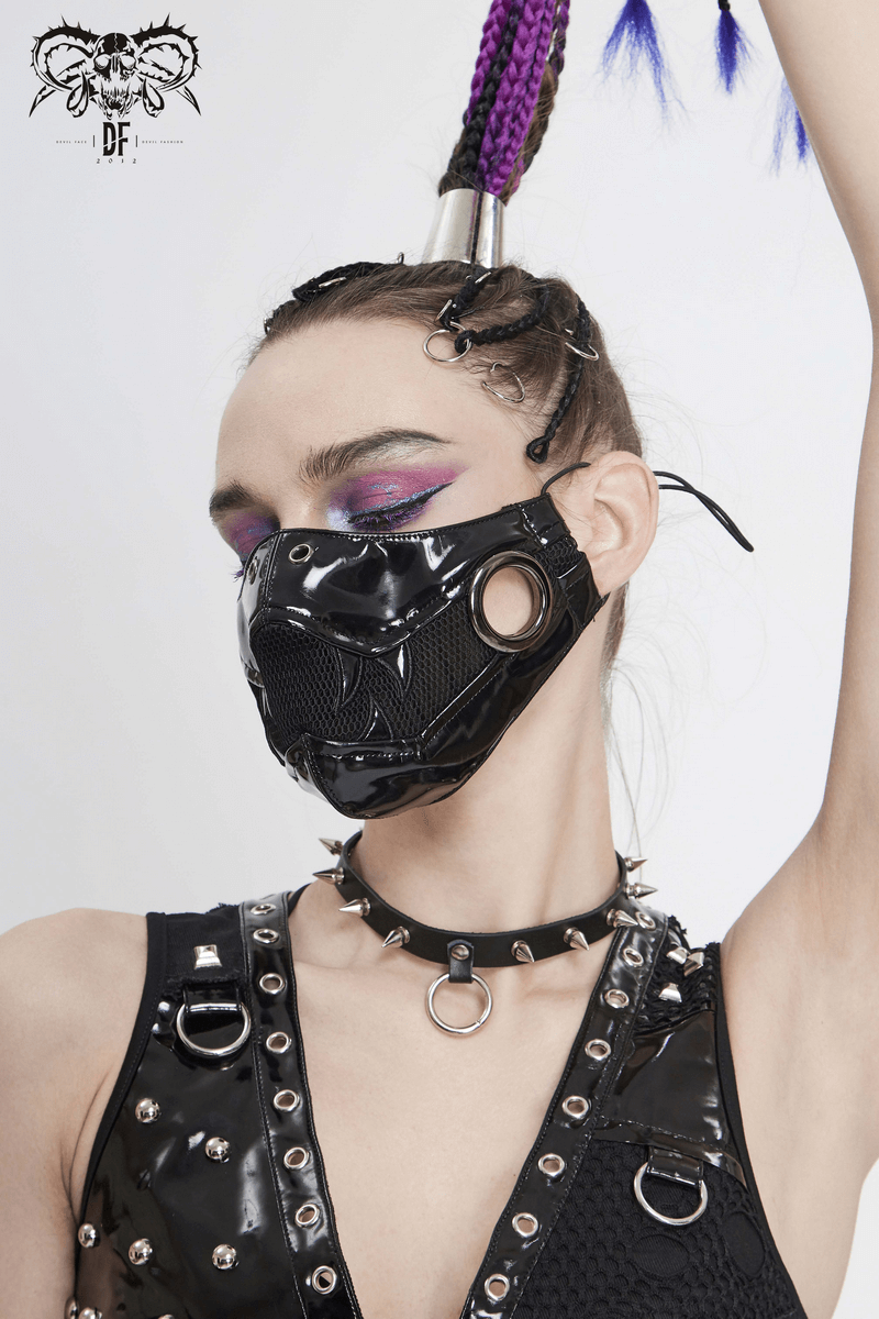 Gothic Women's Face Mask with Holographic Fang On Both Sides / Punk Black PU Leather and Net Mask - HARD'N'HEAVY