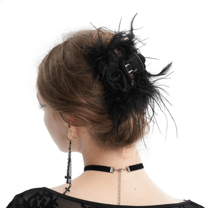 Gothic Women's Feather Hair Clip with Three-Dimensional Roses - HARD'N'HEAVY