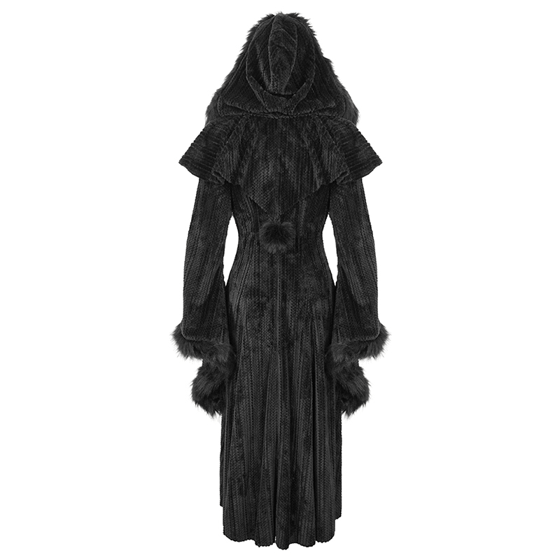 Gothic women's flared-sleeved fluffy coat with hood, vintage style, elegant and warm for chilly nights.
