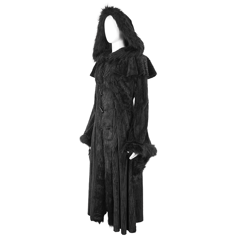 Gothic women's flared-sleeved fluffy coat with hood, perfect for vintage-inspired style and chilly nights.