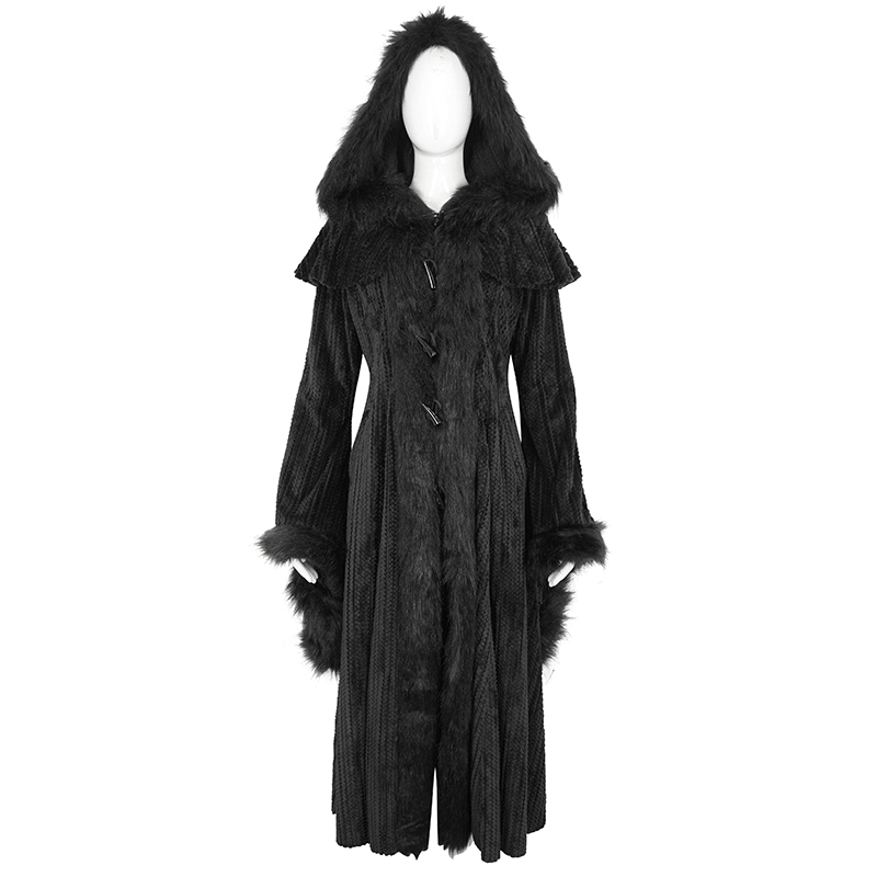 Gothic women's fluffy cape coat with hood and flared sleeves, perfect for vintage style and chilly nights.