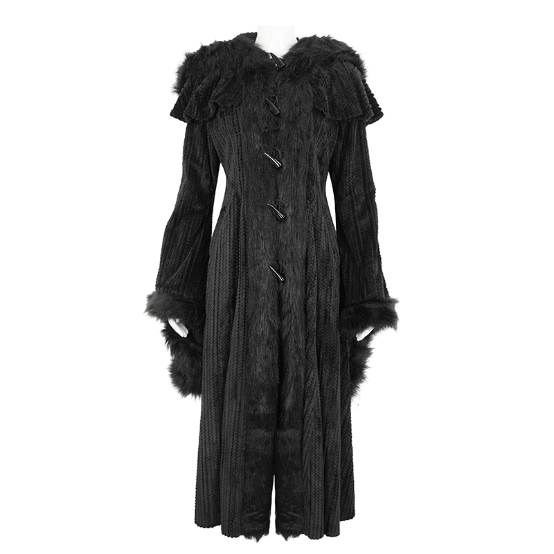 Gothic women's flared-sleeved fluffy coat with hood, vintage design, perfect for chilly nights.