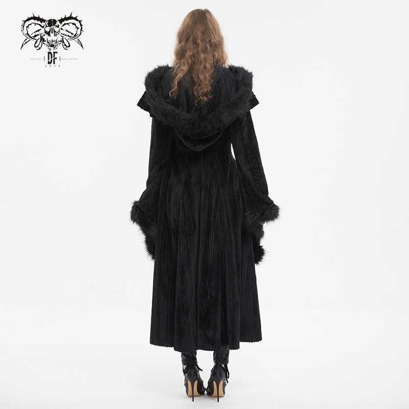 Gothic women's flared-sleeved fluffy coat with hood, showcasing vintage elegance from the back.