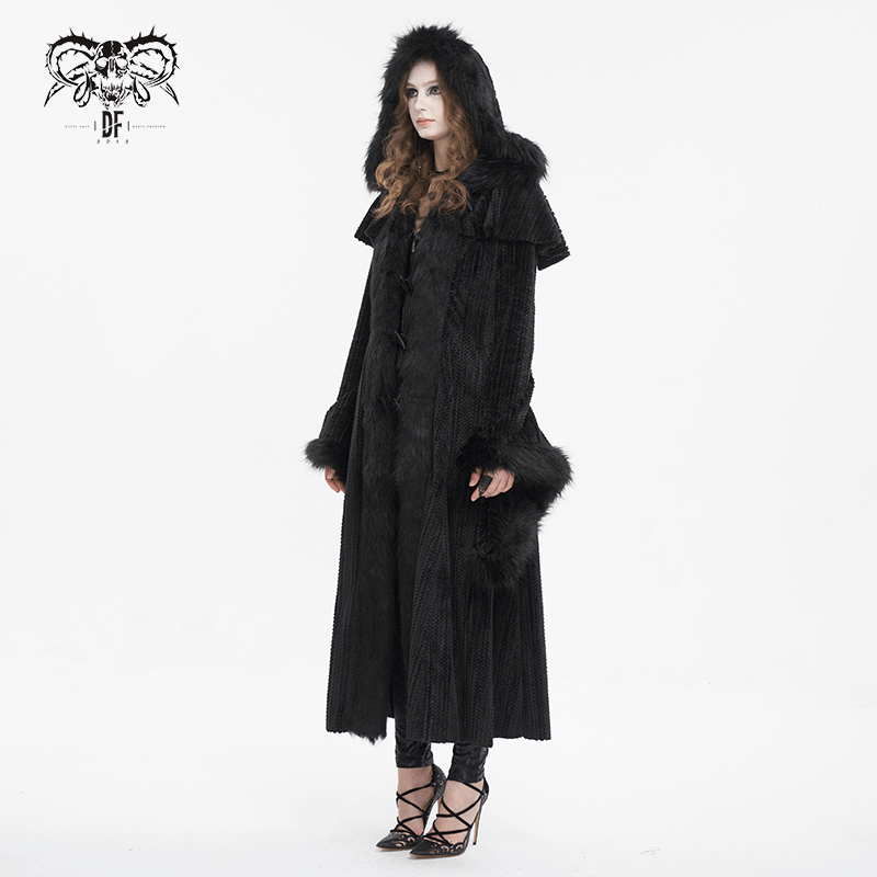 Gothic women's flared-sleeved fluffy coat with hood, radiating vintage elegance and warmth.