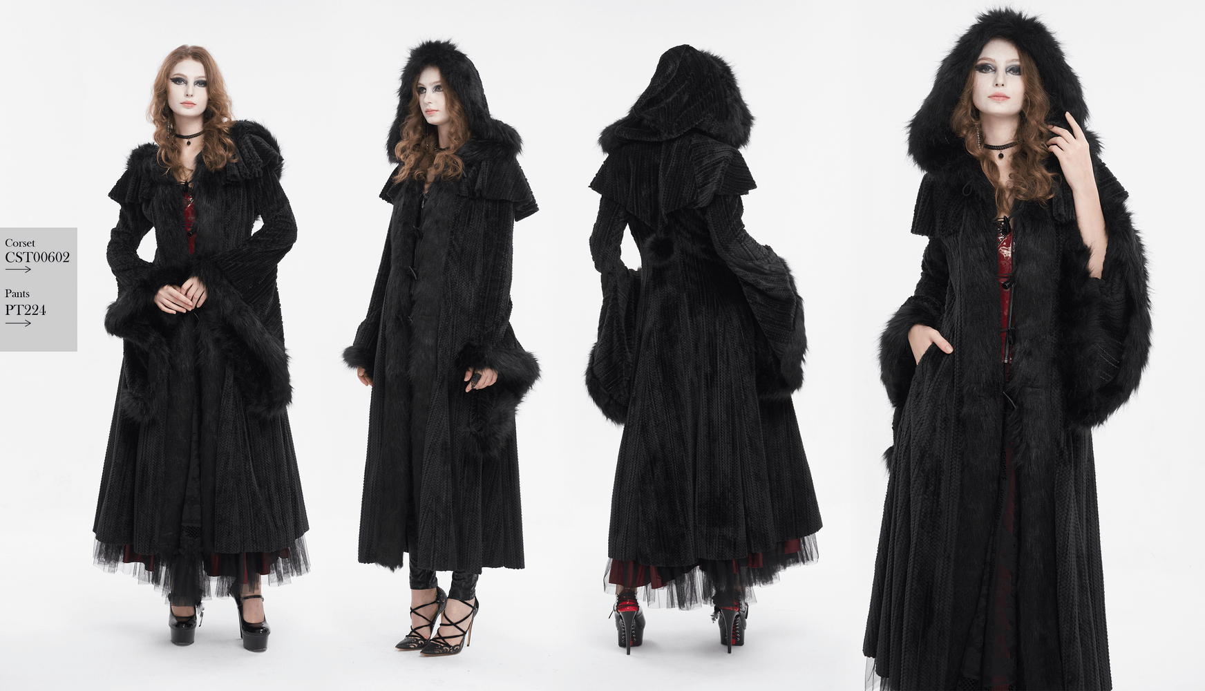 Gothic women's fluffy cape coat with hood, showcasing flared sleeves and vintage elegance, perfect for chilly nights.