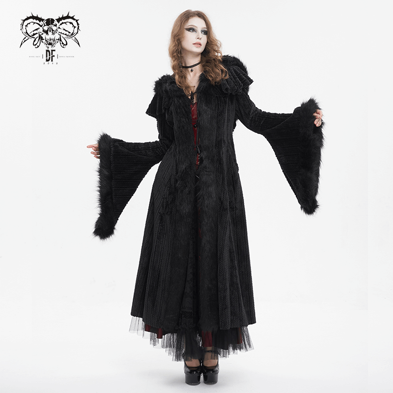 Gothic women's flared-sleeved fluffy coat with hood, perfect for vintage-inspired stylish warmth.