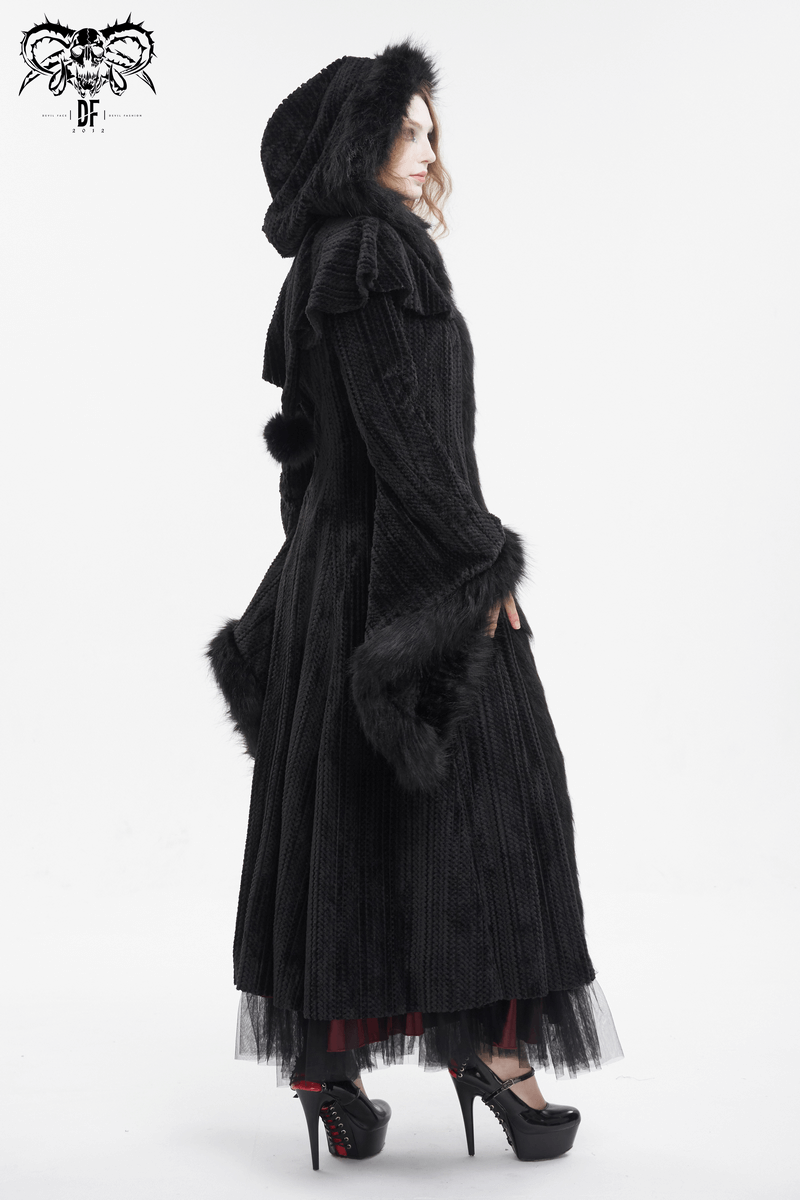 Gothic women's flared sleeved fluffy coat with hood, showcasing vintage charm and an enchanting silhouette.
