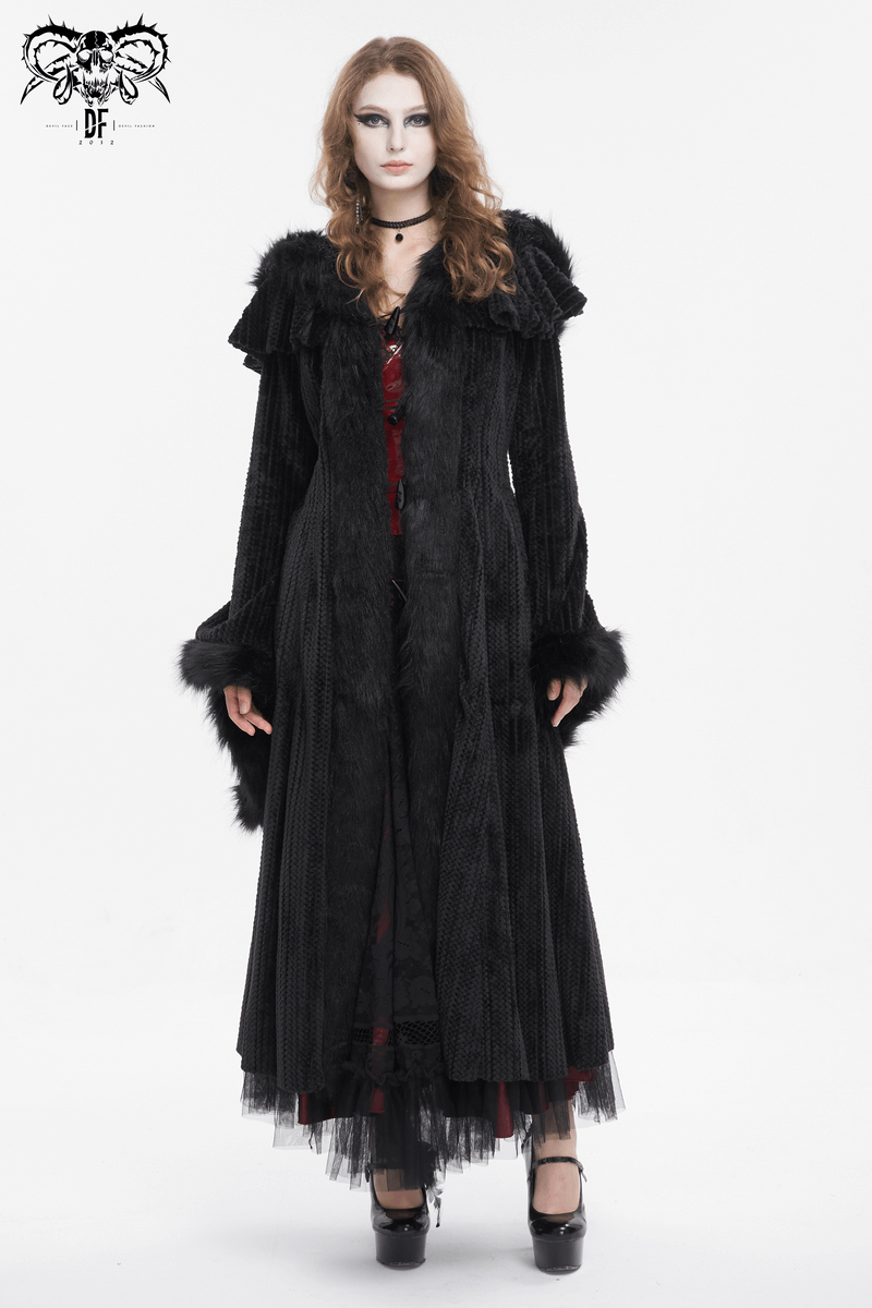 Gothic women's flared sleeved fluffy coat with hood, vintage black cape for a mystical look.