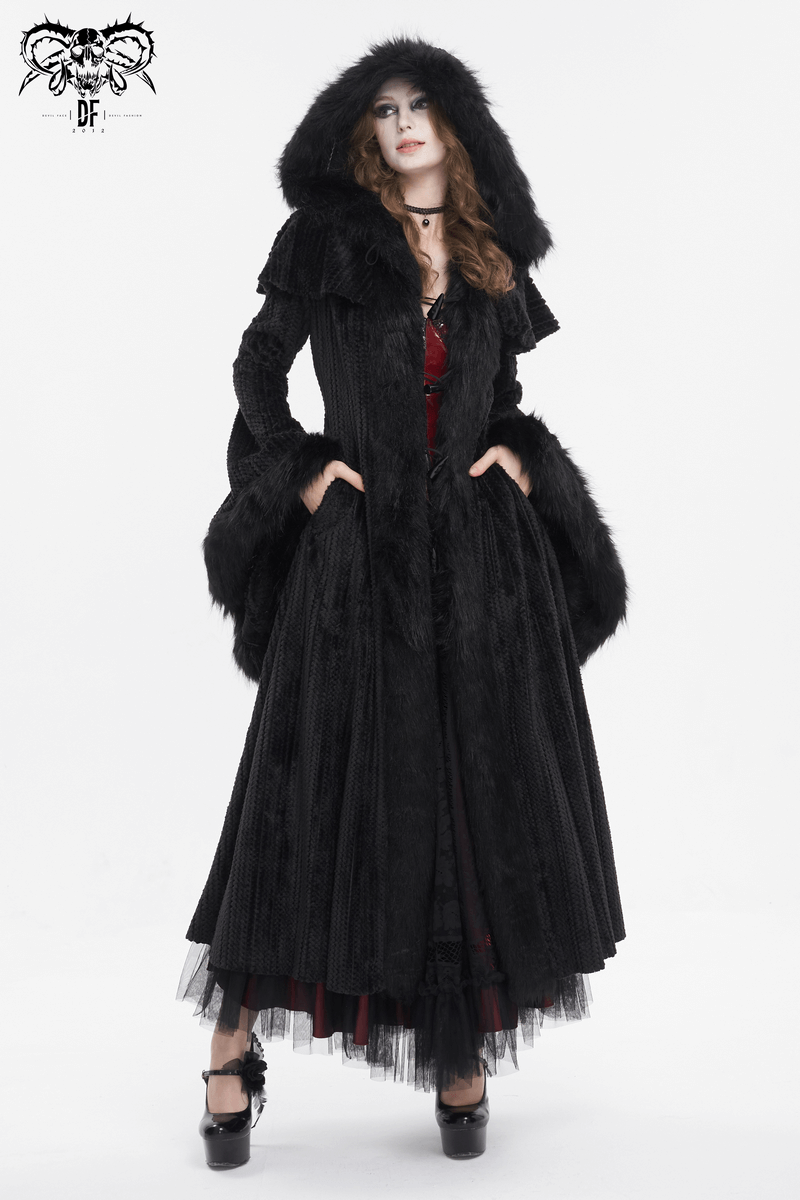 Gothic Women's Flared Sleeved Fluffy Coat with Hood / Vintage Warm Long Cape Coat - HARD'N'HEAVY