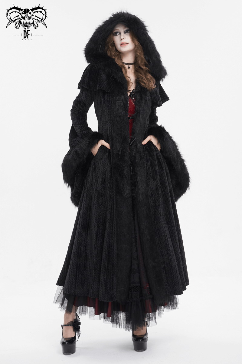 Gothic women's hooded flared-sleeved fluffy coat, combining vintage charm and modern eerie elegance.