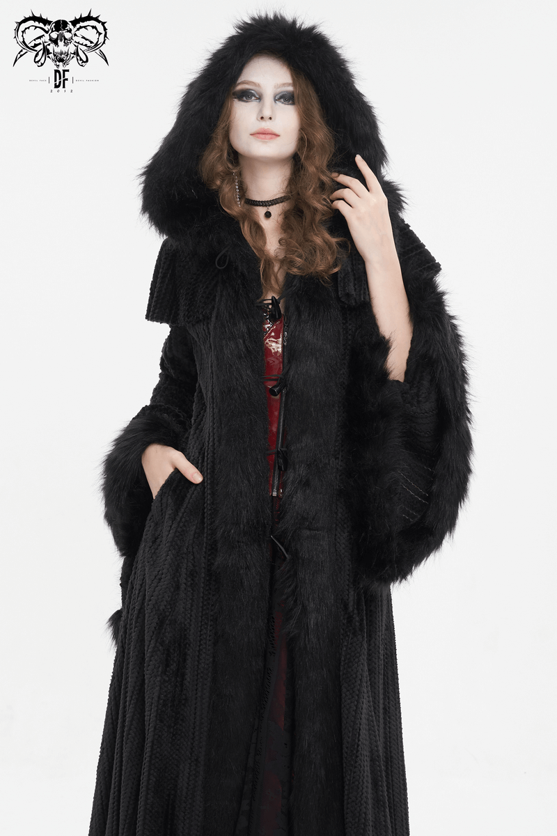 Gothic women's flared-sleeved fluffy coat with hood showcasing vintage elegance and warmth.