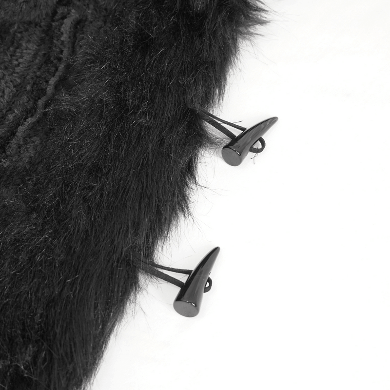 Close-up of black fluffy coat with stylish black clasps adding vintage gothic flair.