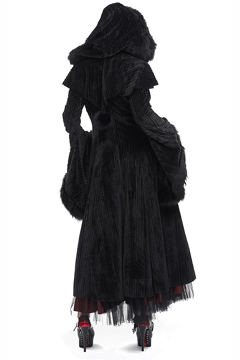 Back view of a gothic women's flared-sleeved fluffy hooded cape coat, showcasing its vintage elegance and plush texture.