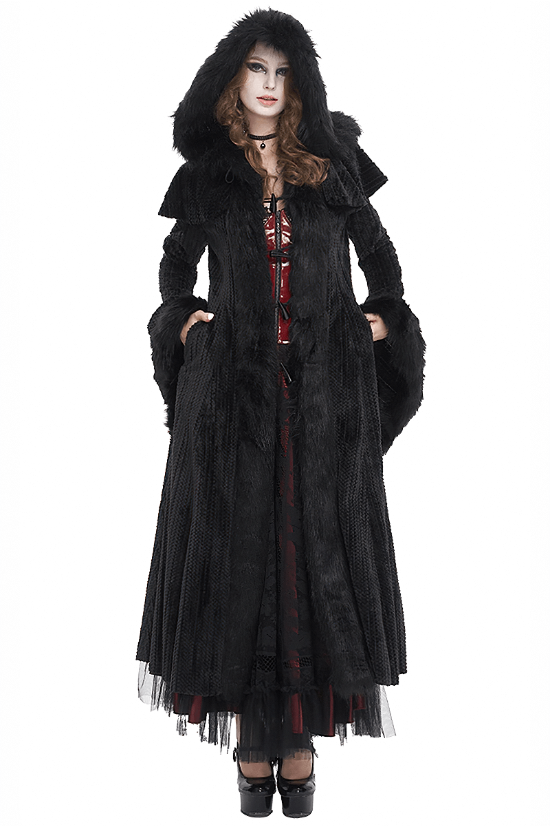 Gothic women's flared-sleeved fluffy coat with hood, perfect for vintage and mysterious styles.