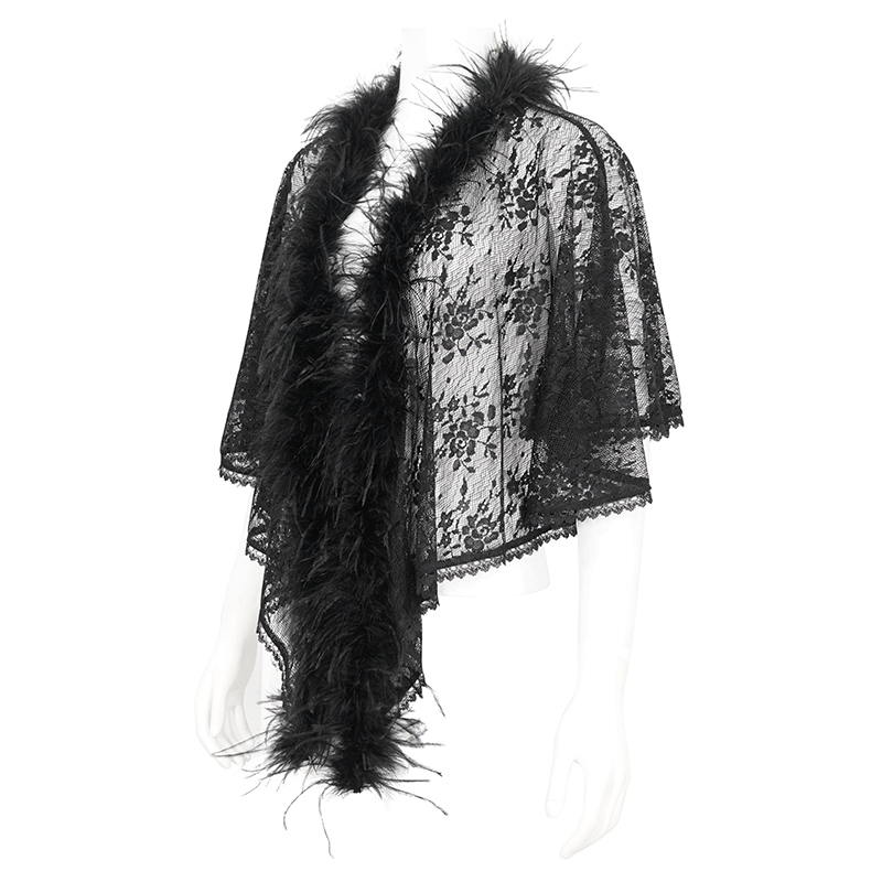 Gothic women's floral lace cape with irregular fluffy hem, featuring elegant black lace and soft feather trim.