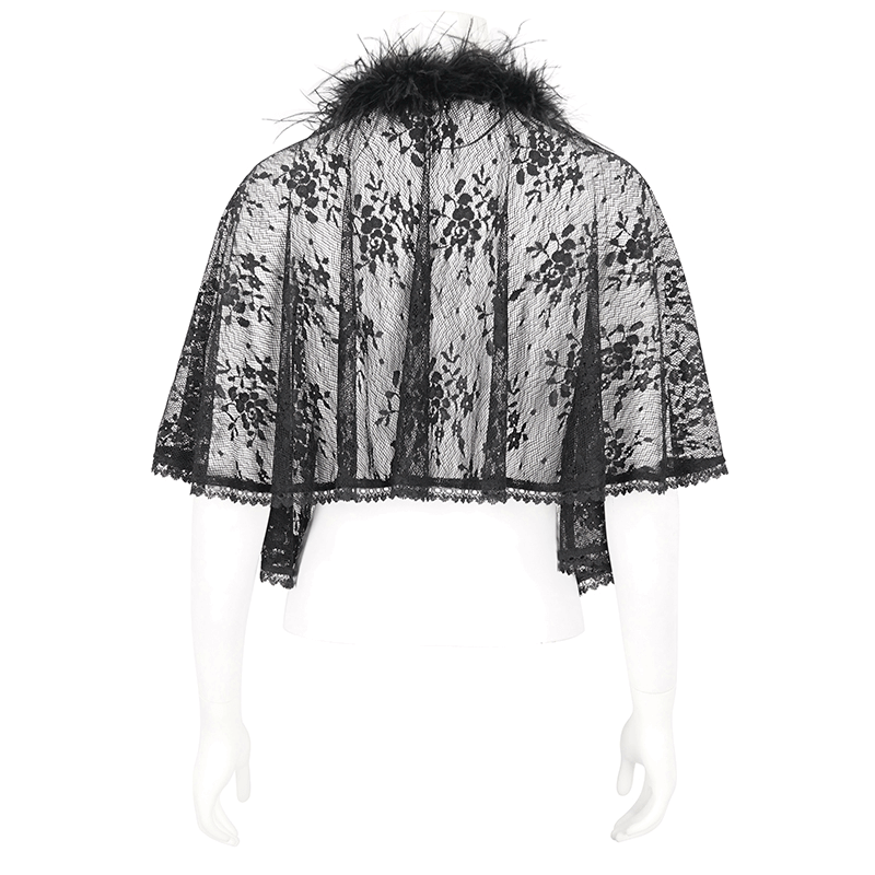 Elegant gothic women's floral lace cape with irregular fluffy hem, perfect for adding a mystical flair to any outfit.