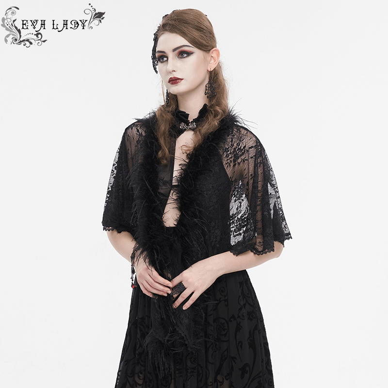 Gothic women's floral lace cape with an irregular fluffy hem, embodying ethereal style and mystique.