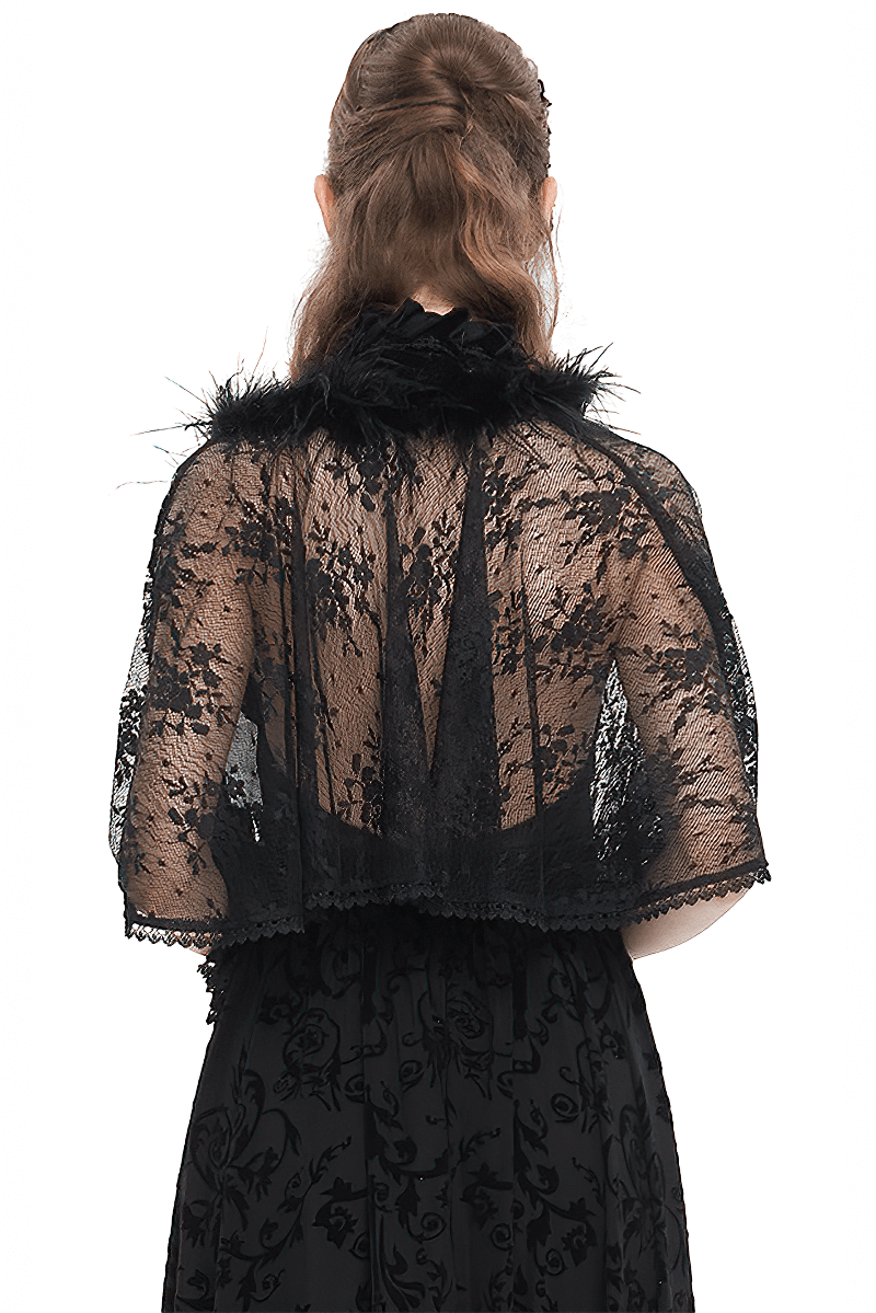 Gothic women's floral lace cape with a fluffy hem, showcasing intricate lace detail from the back for an ethereal look.