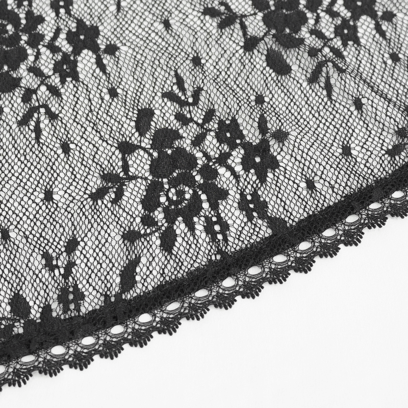 Close-up of intricate black floral lace pattern showcasing romantic elegance for a gothic women's cape.